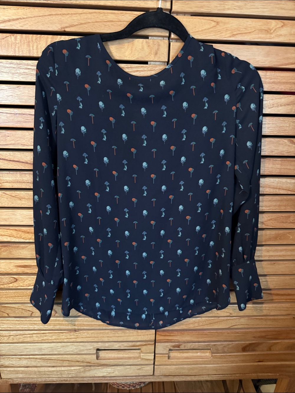 Ann Taylor Navy Long-Sleeve Blouse with Blue and Rust Floral Dots